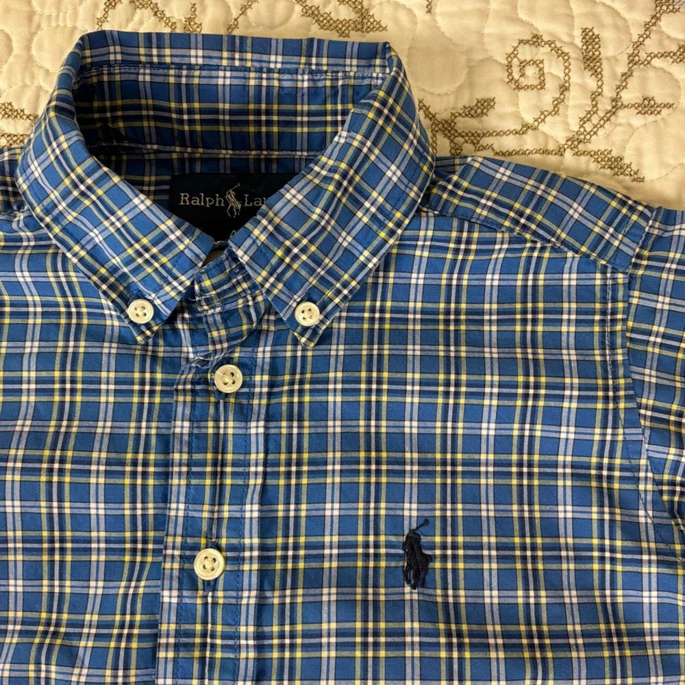 Ralph Lauren Button Down Shirt Toddler 4T Blue Excellent Plaid Short Sleeve